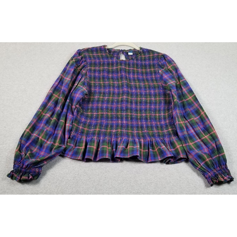 Old Navy Blouse Womens L Large Plaid Smocked Peplum Long Sleeve Holiday Preppy